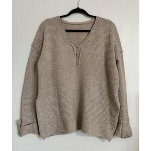 Tan Bohemian Oversized Knit V-Neck Sweater M